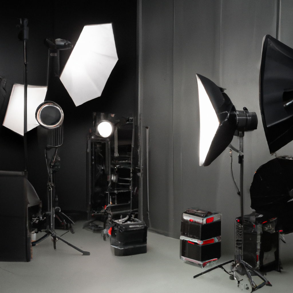 整然と配置されたProfoto機材、ソフトボックス、カラー背景紙の壁面収納のクローズアップ