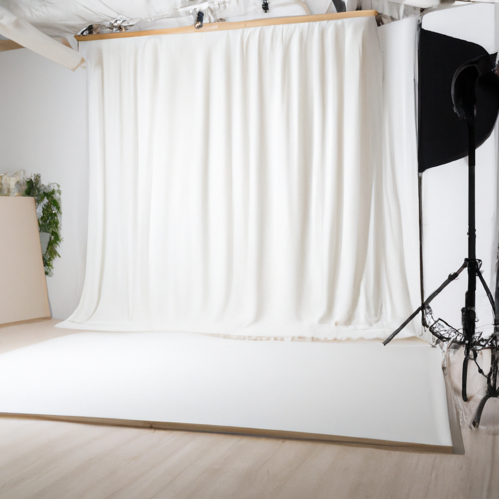 東京のミニマルなフォトスタジオ。自然光、木床、ディフューザー、白いカーテンとプロ用照明が整った空間