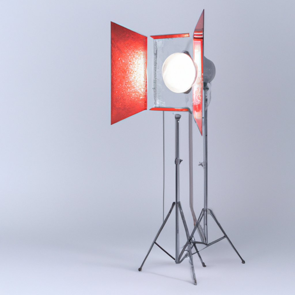 スタジオの一角 生成画像：白壁、モノトーンのスツール、ソフトボックスとレフ板、窓からの柔らかな自然光